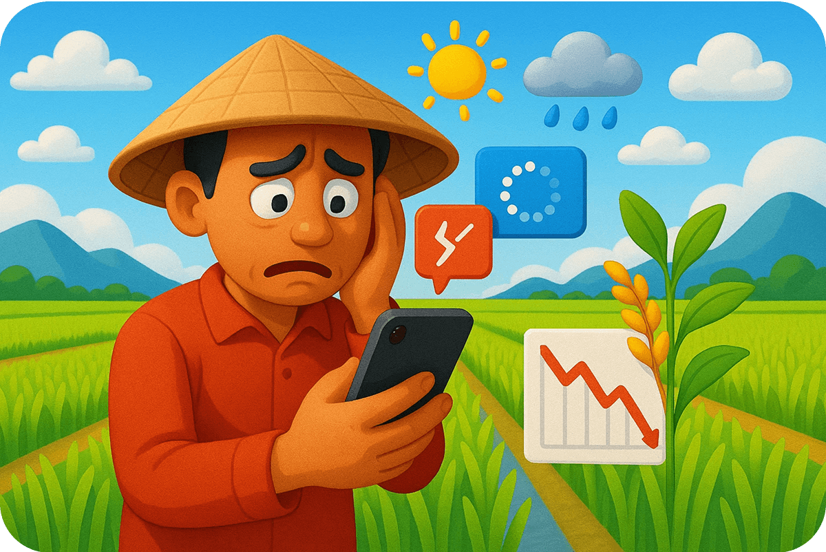 Nông dân đang phân tích dữ liệu thời tiết và giá cả thị trường không chính xác